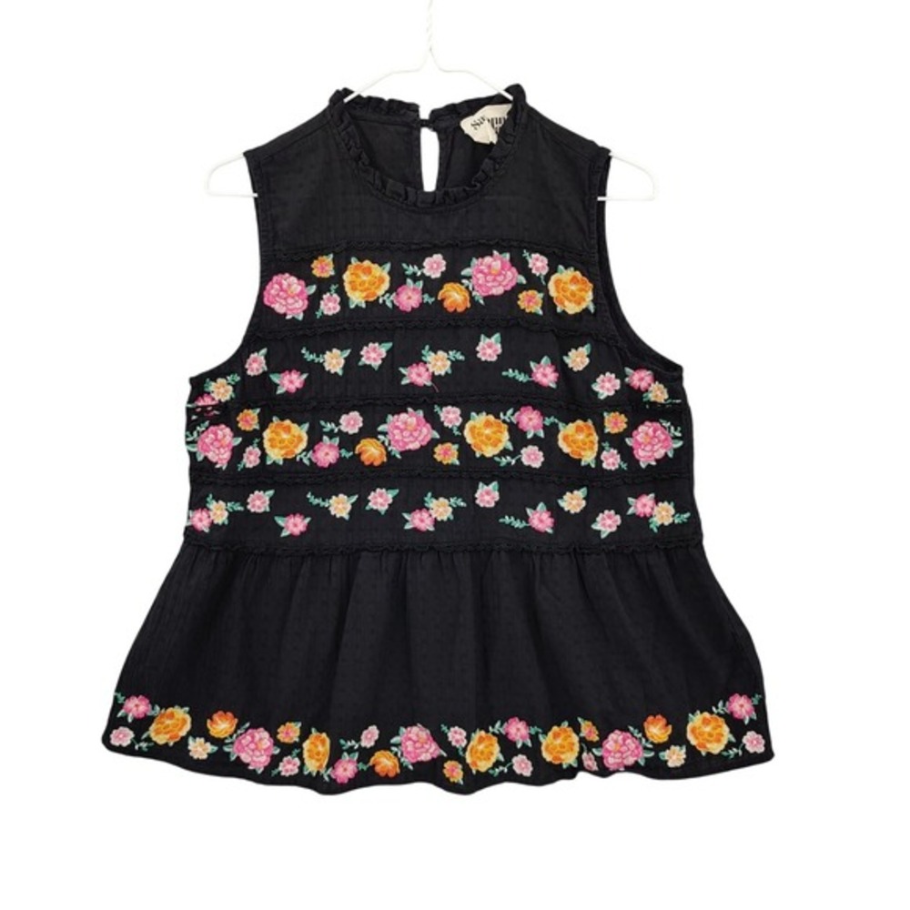 Savanna Jane Womens Cottage Swiss Dot Boho Floral Embroidered Peplum Top L Black